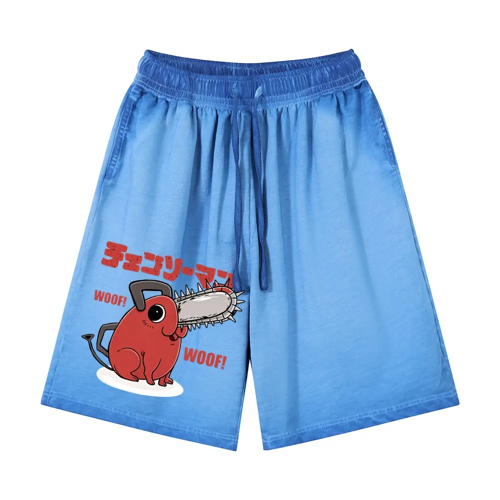 Acid Washed Oversized Y2K Anime Graphic Shorts, Cute Red Cartoon Creature Saw Head Red Japanese Letter & WOOF Text Side Print Drawstring Shorts, Vintage Grunge Streetwear, 100% Cotton Unisex Casual Shorts