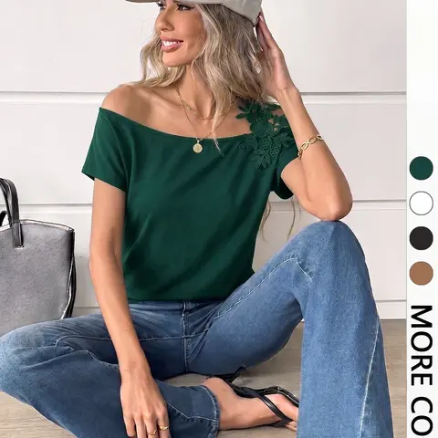 Women's One Shoulder Asymmetric Lace T-Shirt, French Gentle Style Aesthetic Slim Fit Short Sleeve for Dating Commute, All Seasons, Daily Wear Tops