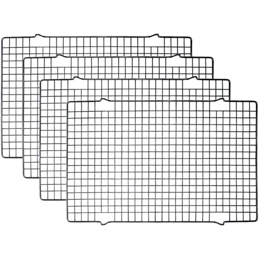 4 Pack Black Heavy-Duty Steel Wire Mesh Bakeware Racks, Nonstick 16x10 in Grid Pattern Cooking & Cooling Grids for Roasting, Drying