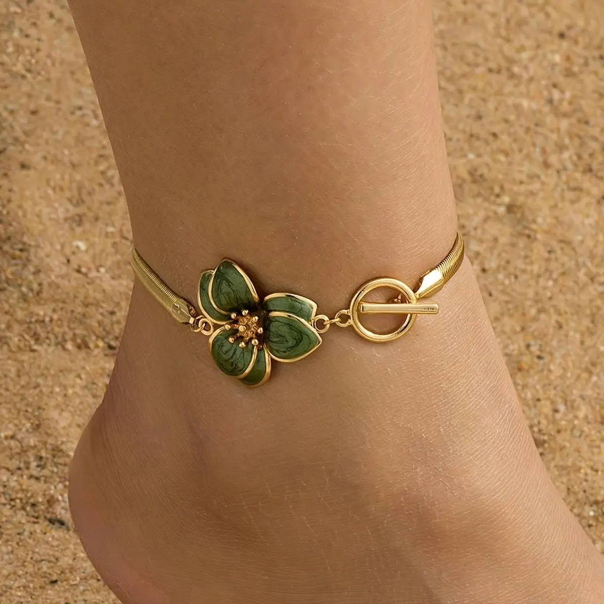1pc Women'S Anklet Summer Green Oil Drop 3D Charming Vacation Style Colorful Floral Clover OT Pendant Anklet