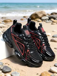 Men's New Cold Tone Geometric Line Mech Dad Shoes, Large Hollow Out Breathable Mesh, Multi-Cavity Buffer Thick Sole, Sporty Casual Sneakers