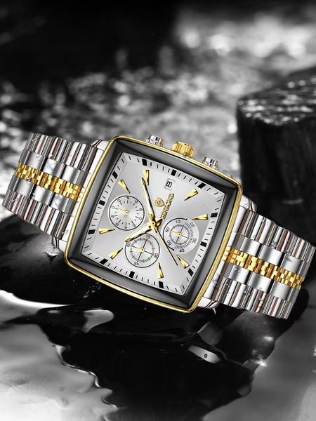 A men's multifunctional square business steel strip fashionable three eye six pin quartz watch