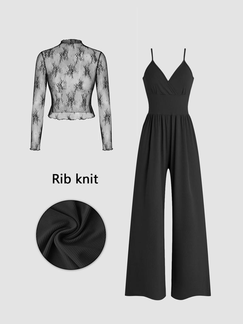 Women's Solid Lace Tee & Pocket Overalls Jumpsuit Set, Elegant Zipper Back Cami Jumpsuit & Long Sleeve Top for Daily Outdoor Wear, Women's Clothing for Spring & Fall, Matching Set Outfit, Womenswear Women's Solid Lace Tee & Pocket Overalls Jumpsuit Set, Elegant Zipper Back Cami Jumpsuit & Long Sleeve Top for Daily Outdoor Wear, Women's Clothing for Spring & Fall, Matching Set Outfit, Womenswear