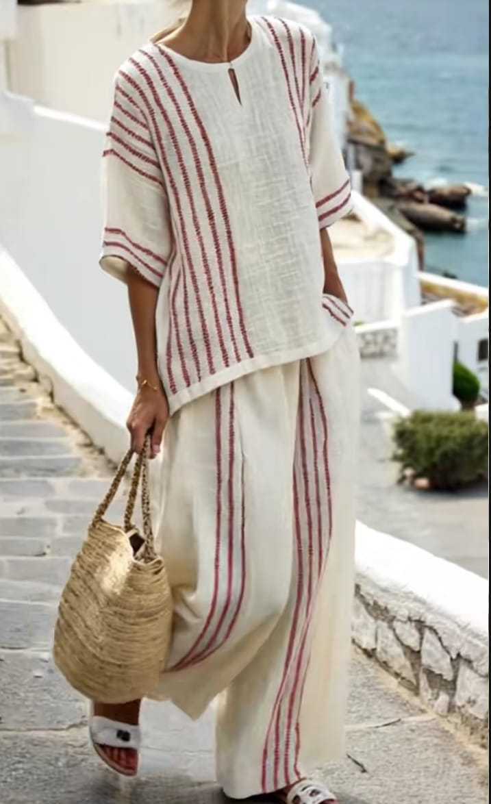 Boho Striped  Two Piece Set - Perfect for Beach, Vacation & Brunch! Casual Loose Fit Half Sleeve Top Wide Leg Pants Set #   TwoPieceSet #   WideLegPants #   Striped #   SummerOutfit #   BohoFashion #   CasualWear #   Outfit of the Day #   WomensFashion