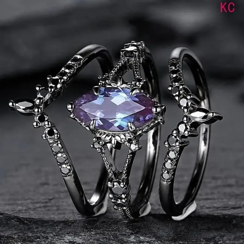 Women's 3-Pcs Gunmetal Vintage Amethyst-Inlaid Ring Set - Dark Warrior Style PVC Finger Jewelry, Women's Matching Sets for Everyday Use Fashion Accessory