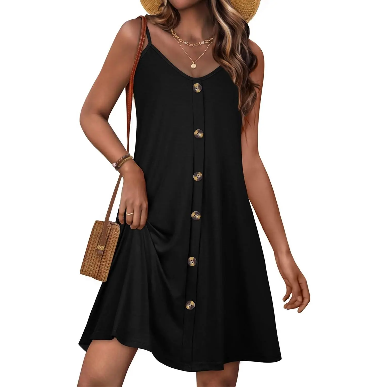 Summer Dresses for Women Spaghetti Strap Button Down Casual Sundress Beach Cover Up Dress with Pockets 2026