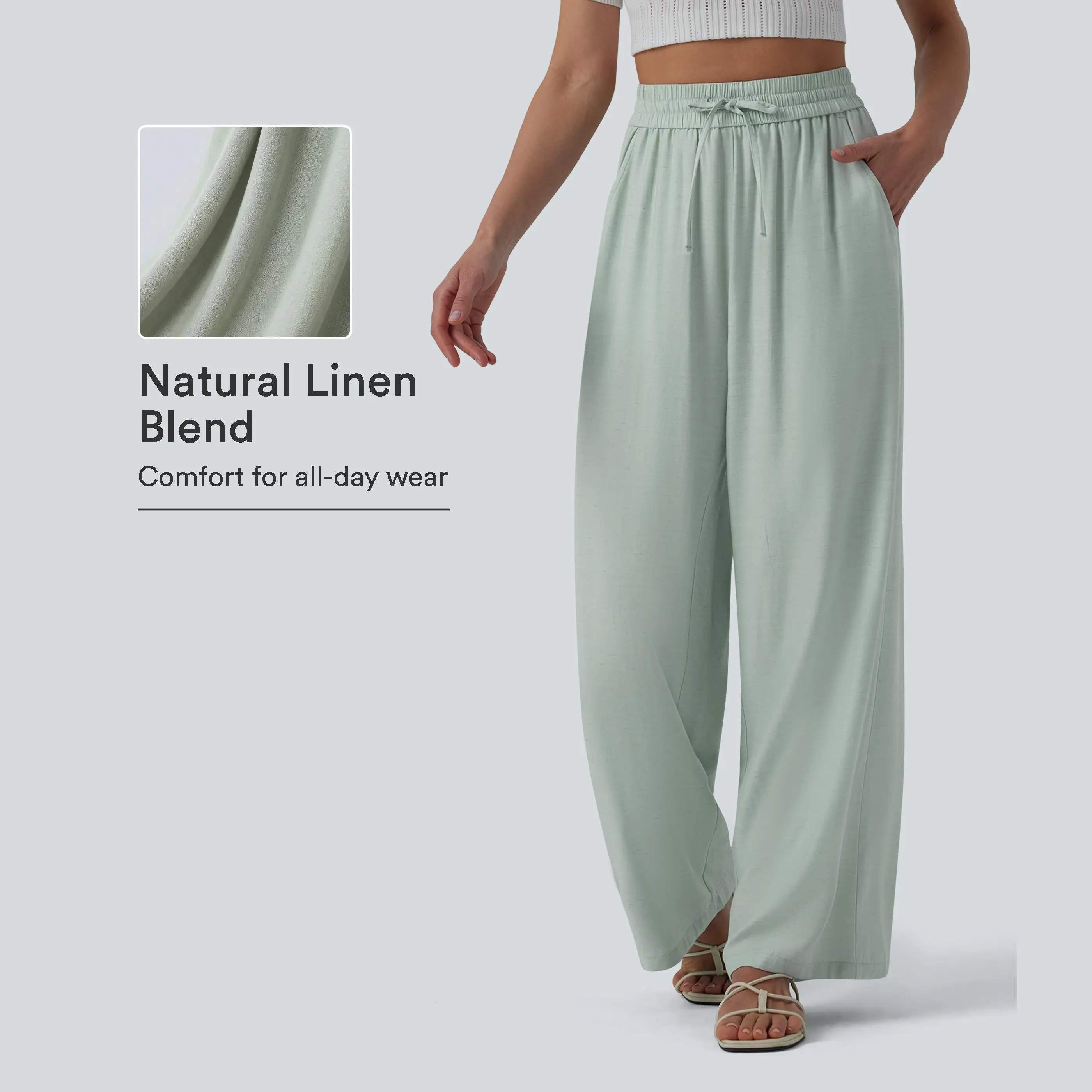 Halara High Waisted Drawstring Wide Leg Casual Linen-Blend Pants with Pockets Halara High Waisted Drawstring Wide Leg Casual Linen-Blend Pants with Pockets
