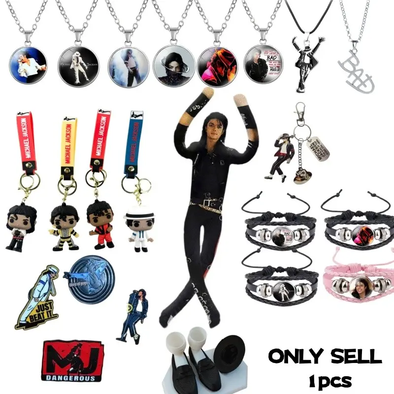 Michael Jackson Fan Merch Bundle, Bendable Plush Doll, Photo Pendant Necklaces, Keychains, Bracelets, Pins, Souvenir Gifts, Collectible Set