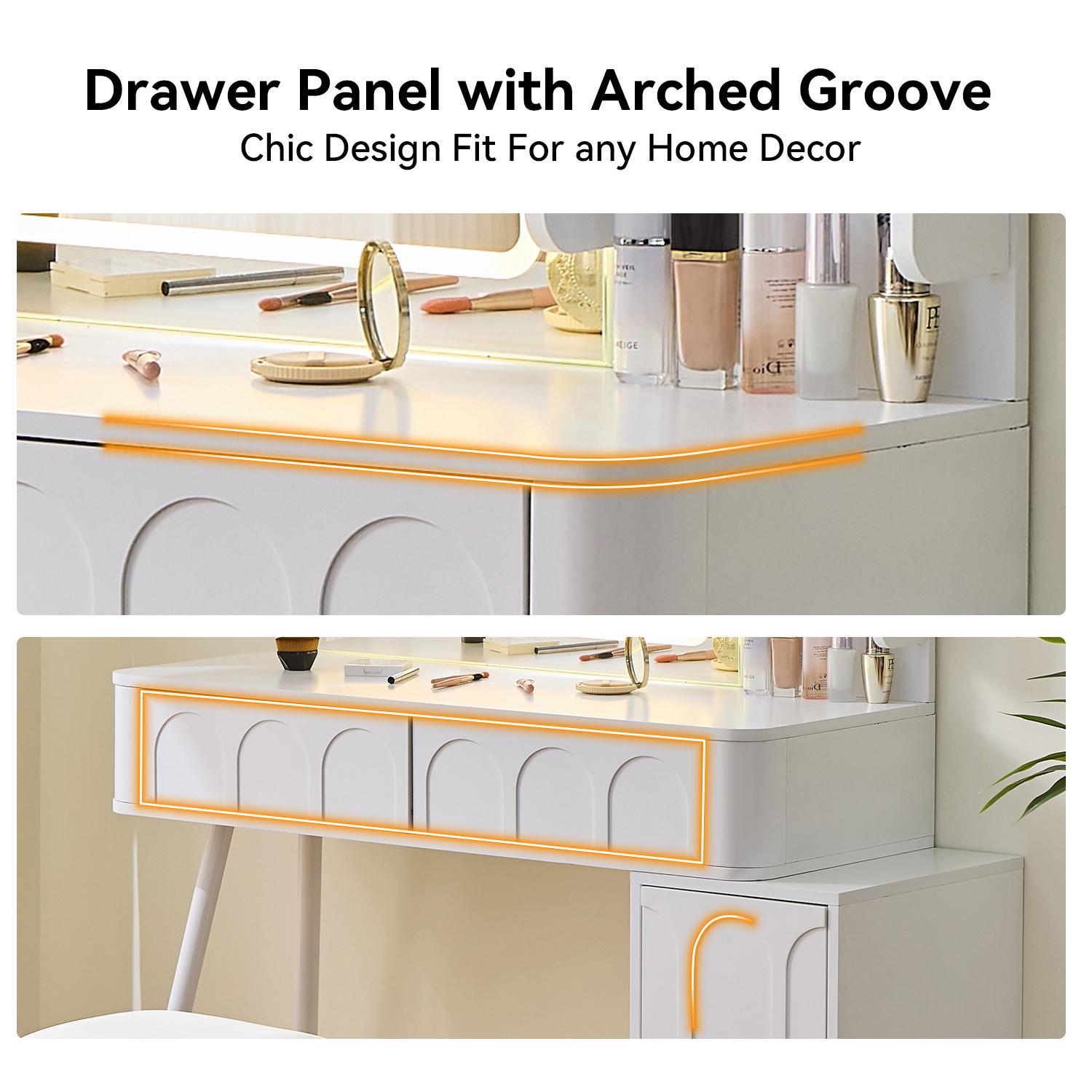 Modern Makeup Vanity Desk with LED Lights & Mirror, 4 Drawer Dressing Table Set with Stool, Space-Saving for Bedroom, White/Black Modern Makeup Vanity Desk with LED Lights & Mirror, 4 Drawer Dressing Table Set with Stool, Space-Saving for Bedroom, White/Black