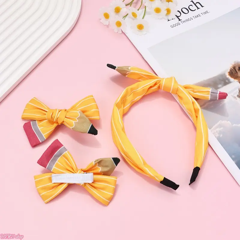 [Back To Shcool]Kids Headband & Hair Clip Set | Viral 2026 Back To School Fabric Hair Accessories, Creative Pencil Bow Handmade Barrettes Pack, Cute Student Girly Decor for Classroom Daily Outfit First Day School Gift