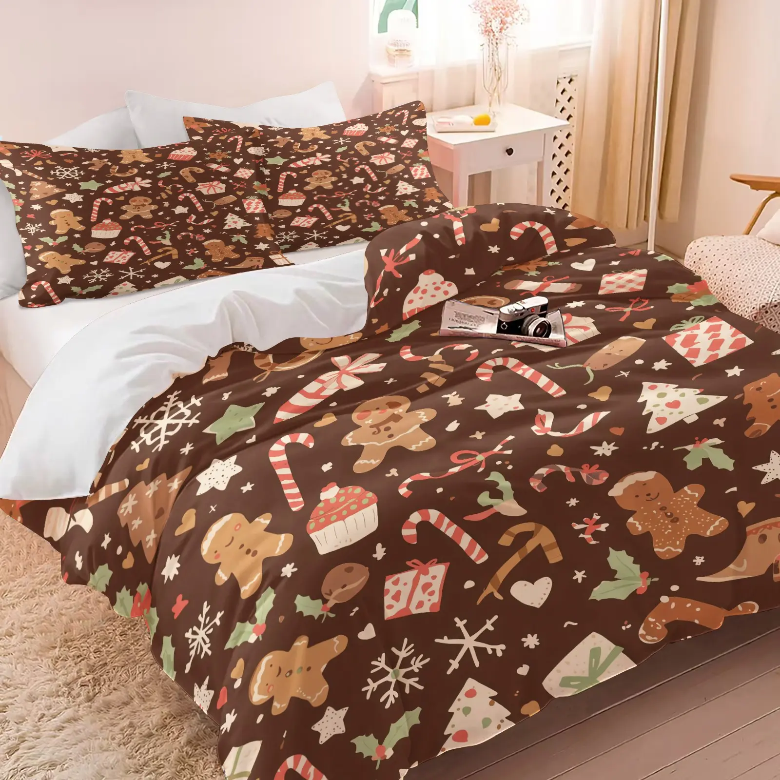 Christmas‑Themed Duvet Cover Set, sweet gingerbread man element print, fashionable versatile indoor bedding decor. Great as holiday gifts for teens & adults. Includes 1 duvet cover & 1‑2 pillowcases. Duvet and pillow inserts not included.
