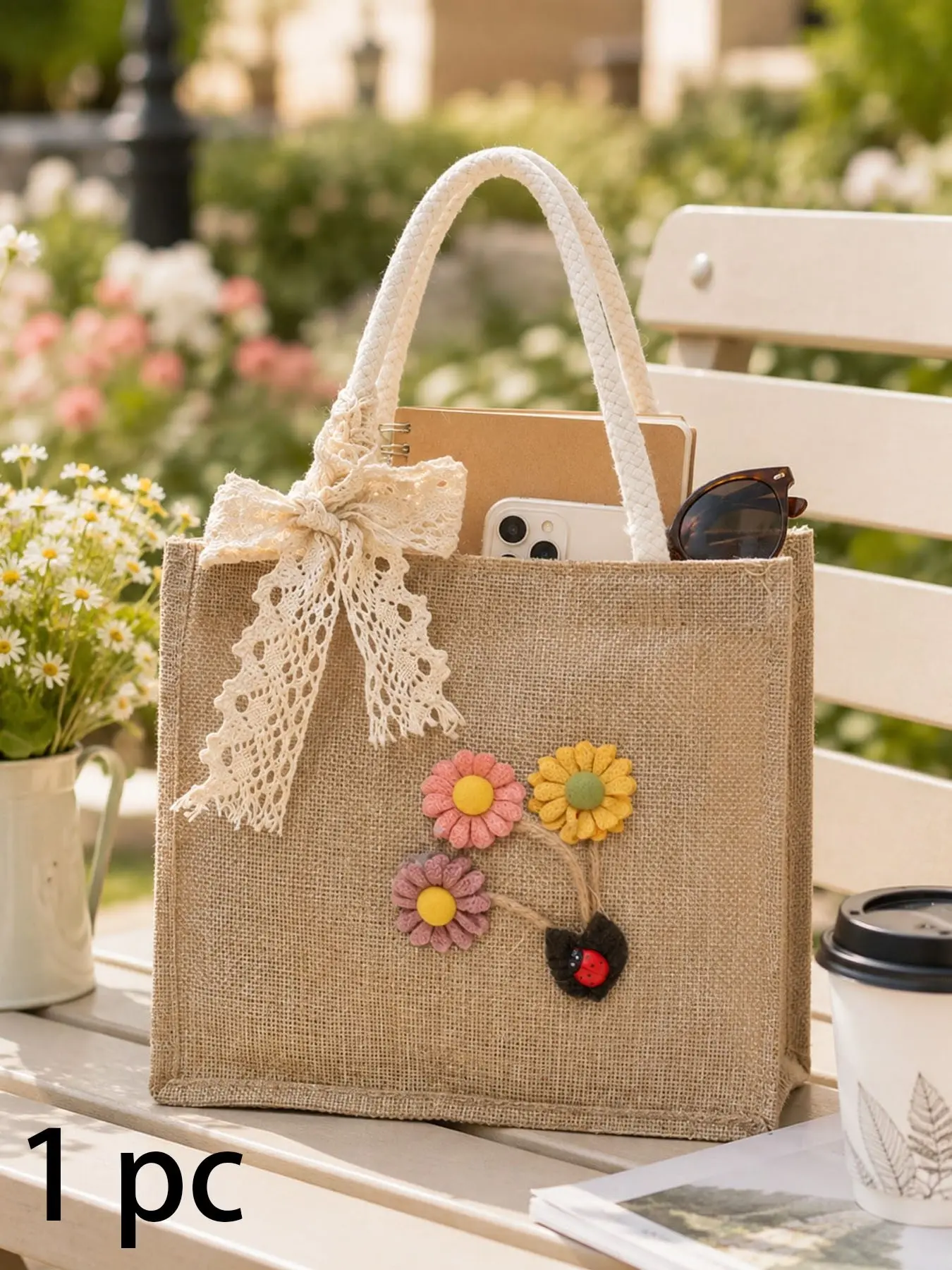 Elegant Lace Bow Burlap Handbag, 3D Flower Ladybug Decoration, Large Capacity Shoulder Bag for School Shopping, Women's Fashion Accessory