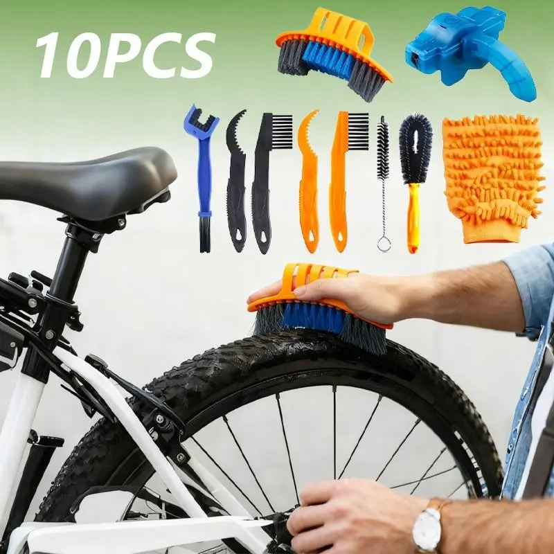10pcs cleaning kits, heavy-duty chain preparation and maintenance kit, multifunctional bicycle chain cleaner and wheel cleaning kit, suitable for mountain, road, city, hybrid, scooter and folding bicycles