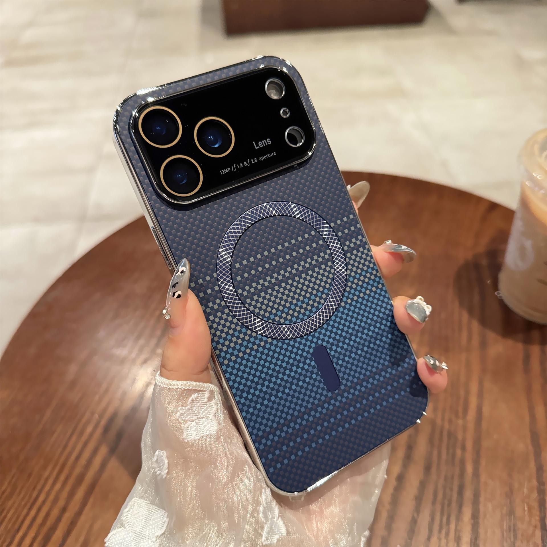 Suitable for iPhone 17 Magnetic Phone Case Rotating Stand iPhone 16 Pro Max Large Window Electroplated Fiber Texture