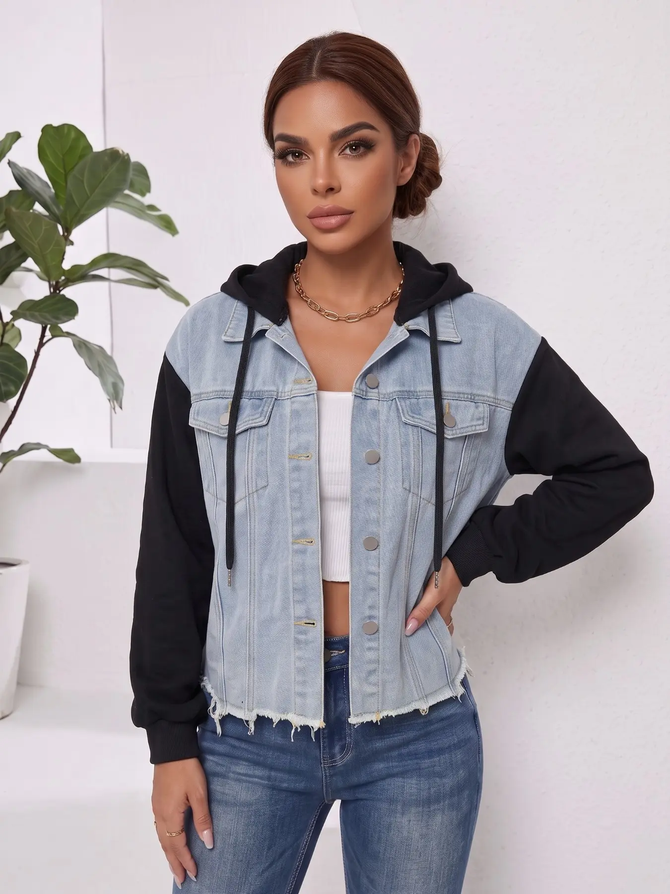 Women's Casual Two-Piece Hooded Denim Jacket Coats, Washed Patchwork Sweatshirt, Long Sleeve, Frayed Hem, Short Length, Street Style