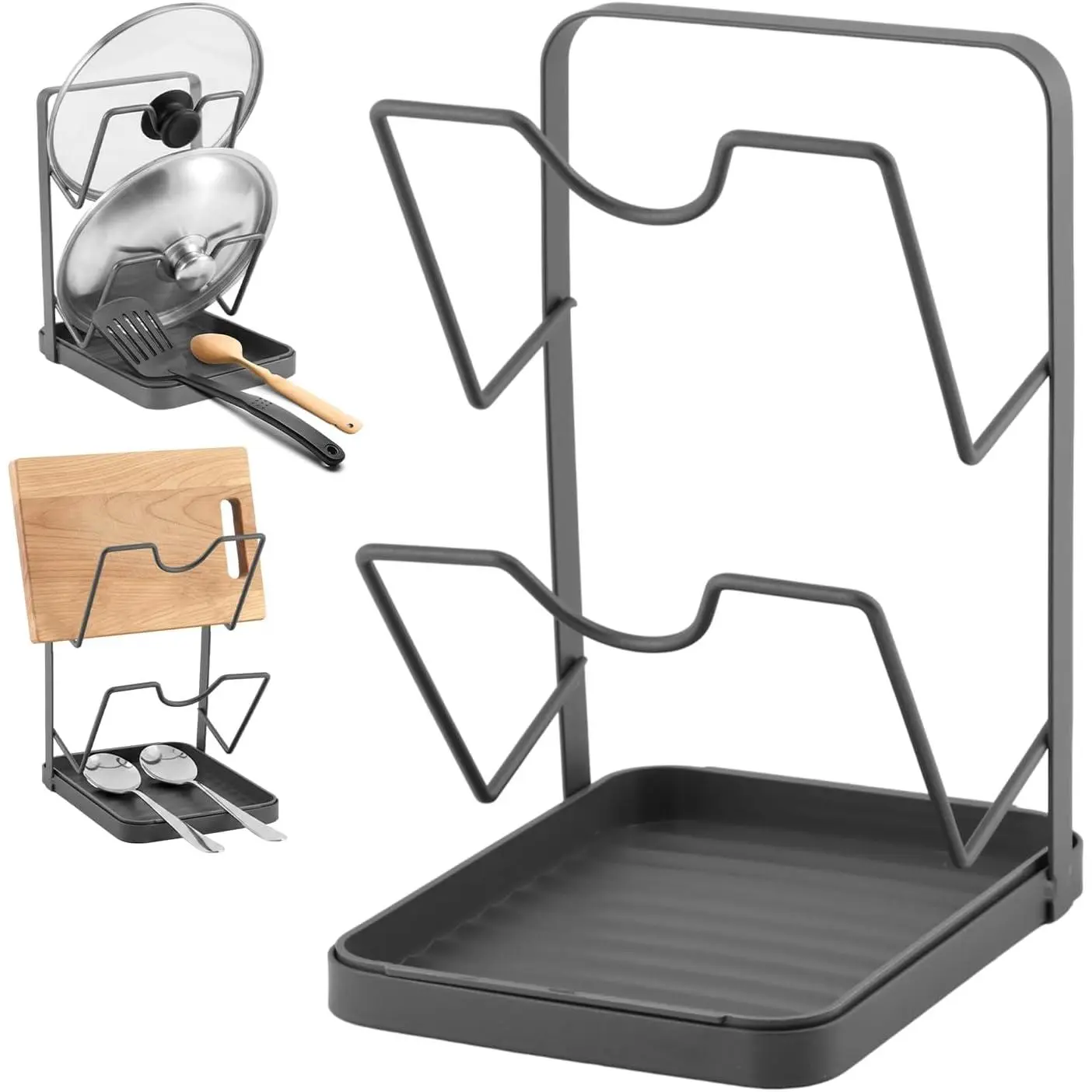 Kitchen Pot Lid Storage Rack,Stainless Steel Double Layer Pot Lid Organizer | With Removable Drip Tray,Pot Lid Holder While Cooking,Saving Space Organizer Storage for Kitchen Countertop ﻿