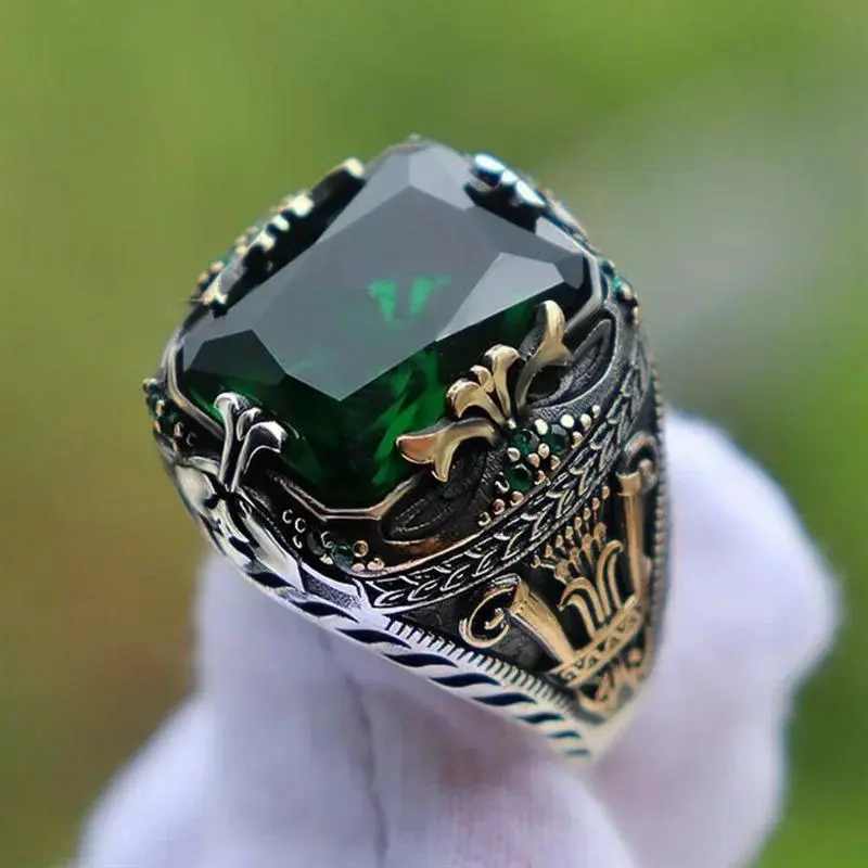 Men's Retro Artificial Emerald-Inlaid Luxury Ring - Bold Personality Banquet Wear Artificial Gemstone Jewelry Accessory