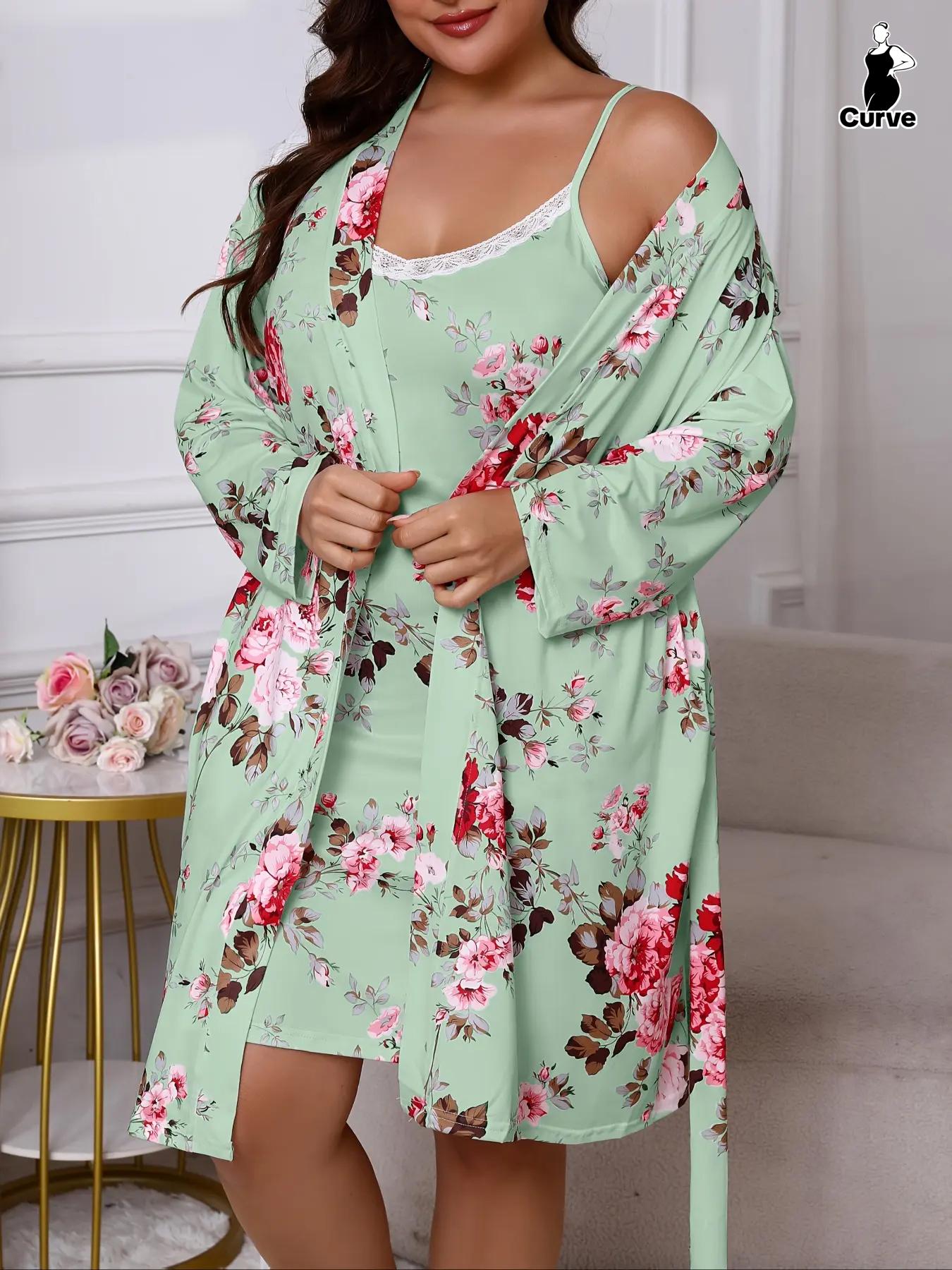 【Plus Size】 Floral Print Lace Trim Cami Nightdress & Open Front Long Sleeve Robe Fitted Two-piece Set, Casual Comfy Pyjama Set for Women, Women's Sleepwear & Loungewear for Spring & Fall