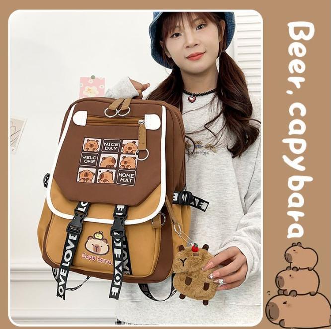 Capybara Backpacks Schoolbag for Teenage Waterproof Girls Boys Backpack Female Travel Bag Bookbag Mochila with Plush Keychain