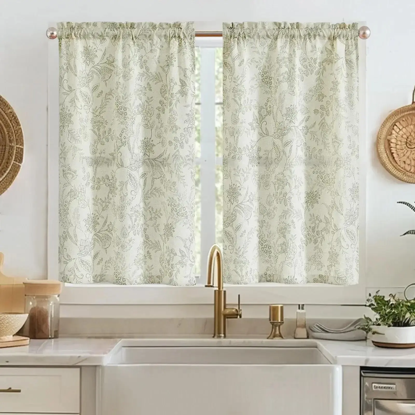 Vintage Scrollwork Floral Linen Kitchen Curtains