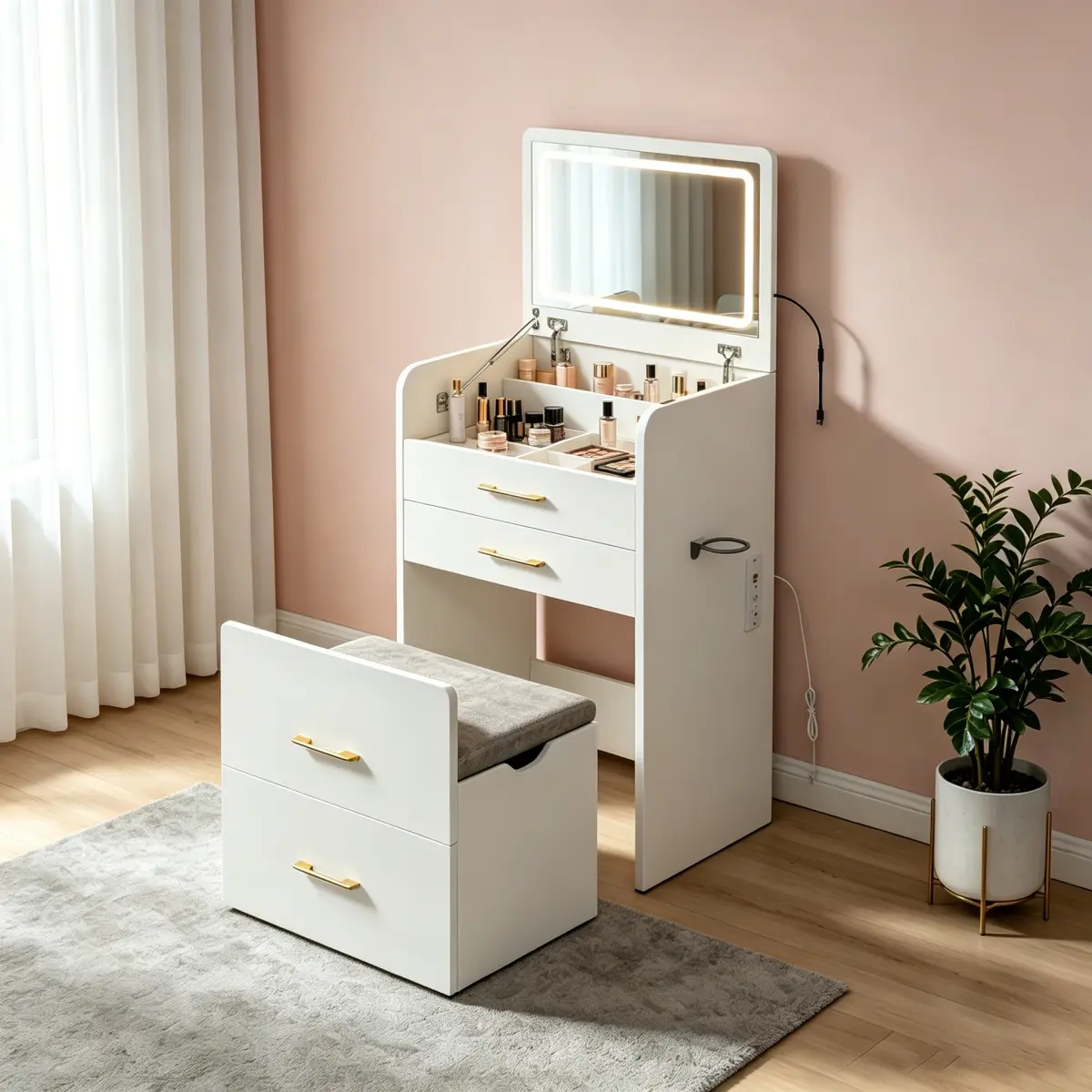 3-in-1 Vanity Desk with Power Outlet & LED Mior, 23.6" Flip-Up Dressing Table with Charging Station, 3 Drawers, Glass Top, and Padded Stool for Bedroom