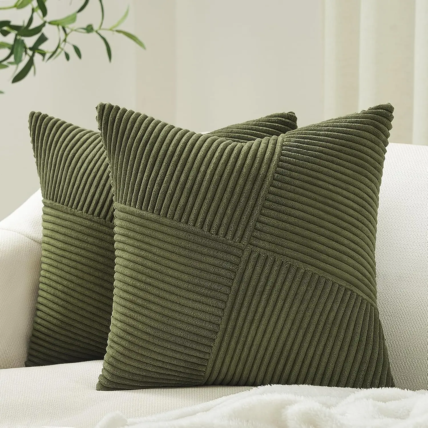 Olive Green Decorative Throw Pillow Covers Set of 2 18x18 Inches for Couch Bed Sofa, Boho Home Decor, Soft Corduroy Striped Patchwork Windmill Textured Cushion 45x45 cm