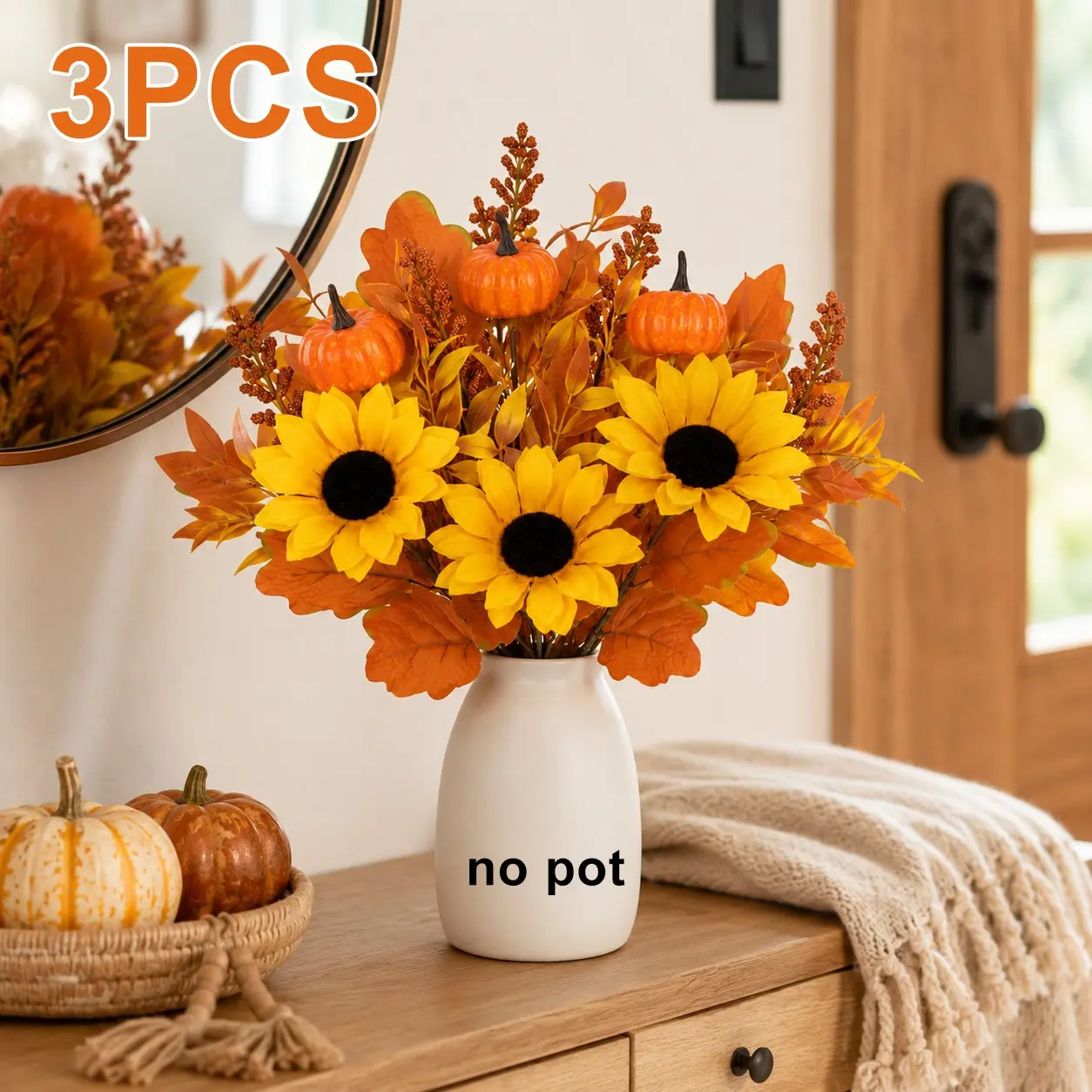 3PCS—Artificial Fall Sunflower Pumpkin Bouquet, Faux Autumn Flower Stem with Maple Leaves for Thanksgiving Decor, Farmhouse Vase Arrangement & DIY Centerpieces