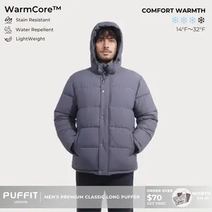 PUFFIT WarmCore Men's Premium Detachable-Hood Puffer Classic Lightweight Winter Coat, Windproof, Water-Repellent, Adjustable Drawstring Design