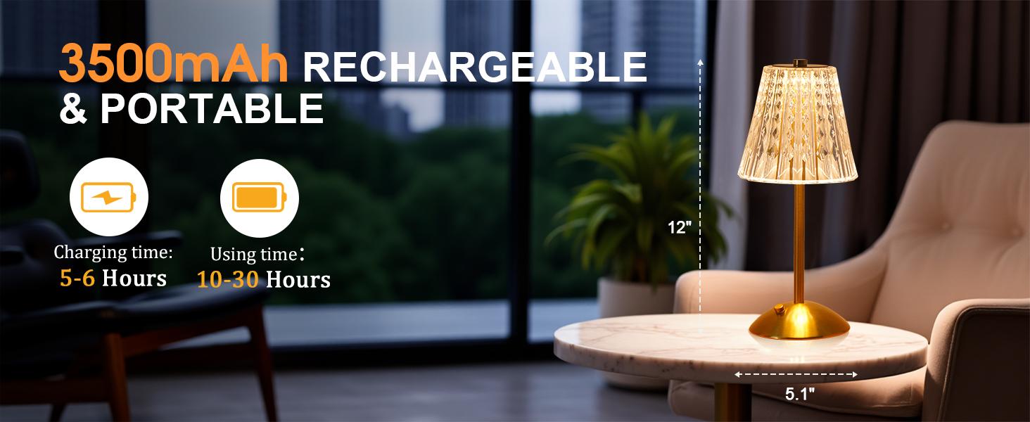 Cordless Touch Table Lamp, 3500mAh LED Rechargeable Small Dask Lamp, 3 Colors Dimmable Battery Operated Crysta Lamp for Bedroom Restaurant Kitchen Home Decor, Gold