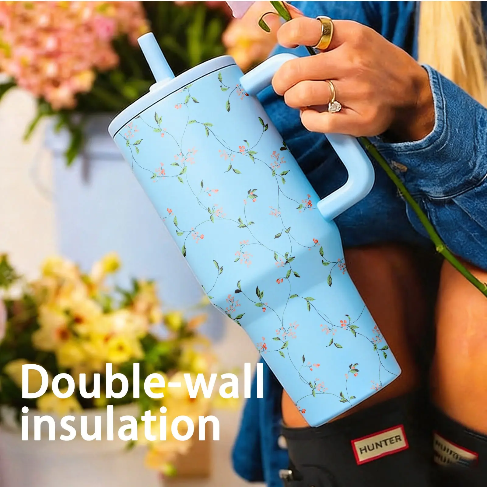 1PC 40oz Garden Vines Tumbler with Handle & Straw, Floral Vine Print Insulated Cup for Women, Large Capacity Leakproof Travel Mug, Cottagecore Aesthetic Water Bottle for Office, Picnic, Outdoor & Everyday Use, Drinkware