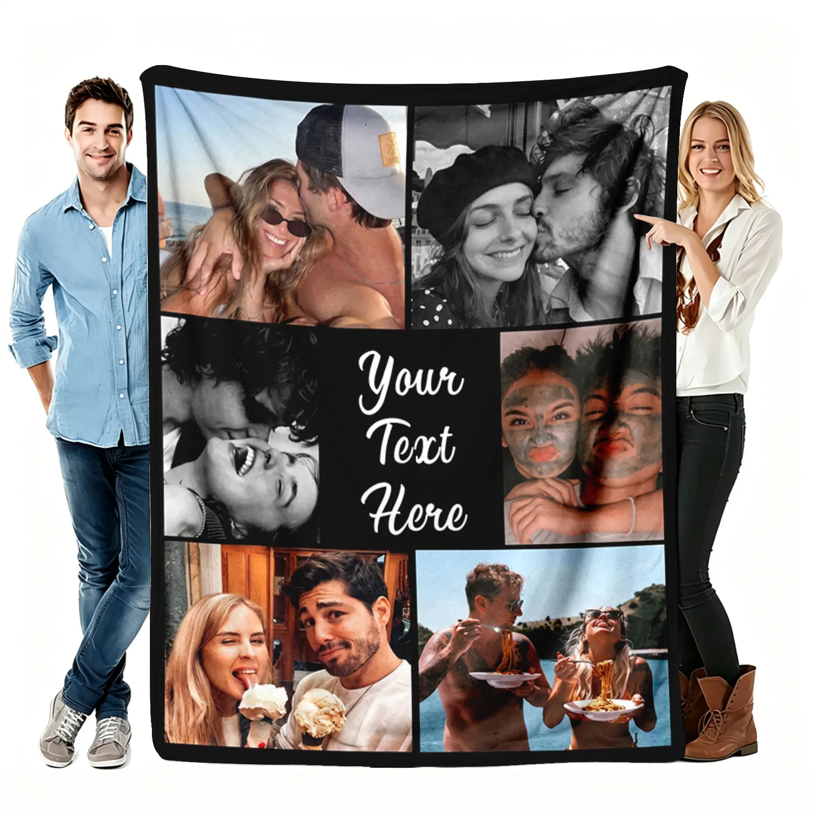 Custom 6 Photo Couple Collage Flannel Blanket, Personalized Love Text Picture Soft Throw, Cozy Warm Romantic Gift for Her Him Girlfriend Boyfriend, Memory Home Decor for Couch Sofa Bed, AC Room Summer Blanket, Anniversary Valentine Wedding Gift for Lovers