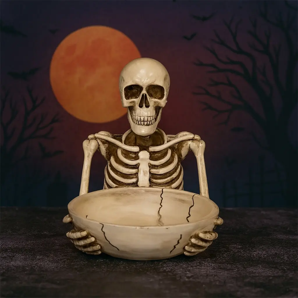 Halloween Horror Skull Statue Storage Tray, Gothic Skeleton Snack Holder, Trick-Or-Treat Organizer, Party Centerpiece, Halloween Gift