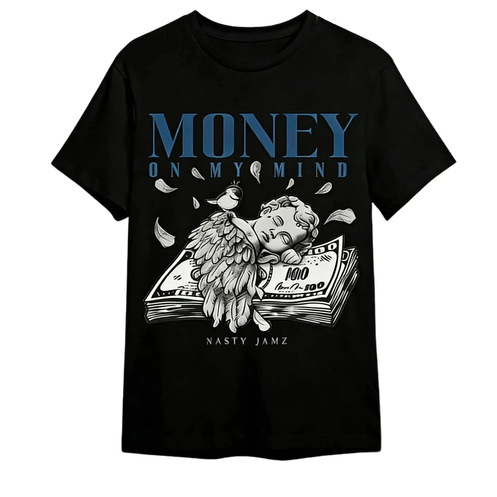 Money On My Mind Sleeping Cherub Dollar Bill Front Print Hip Hop Vintage Street Graphic T-Shirt, grey sketch angel oversized unisex top, soft everyday fit, multi-scene weekend apparel. Affordable little surprise gift for hustle culture lovers, hip hop str