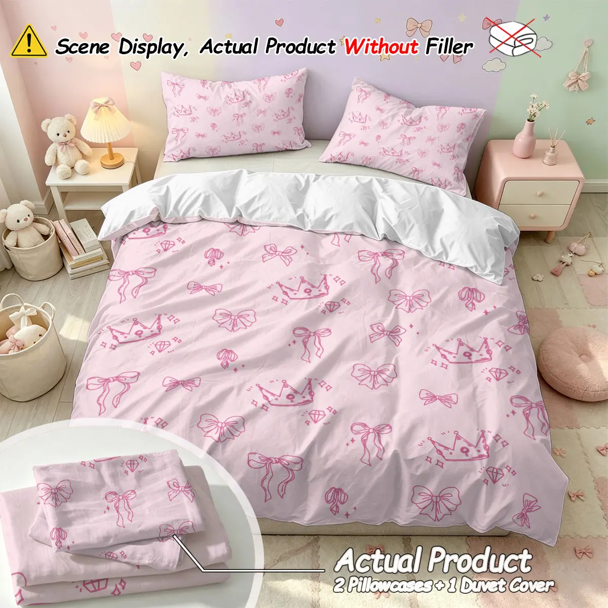 (1 Duvet Cover + 2 pillowcases, no filler),Line Crown Bow Print,Multi-size Duvet Cover 3-piece set, soft skin-friendly & machine washable, all-season bedding for home decor, perfect gift choice for bedroom