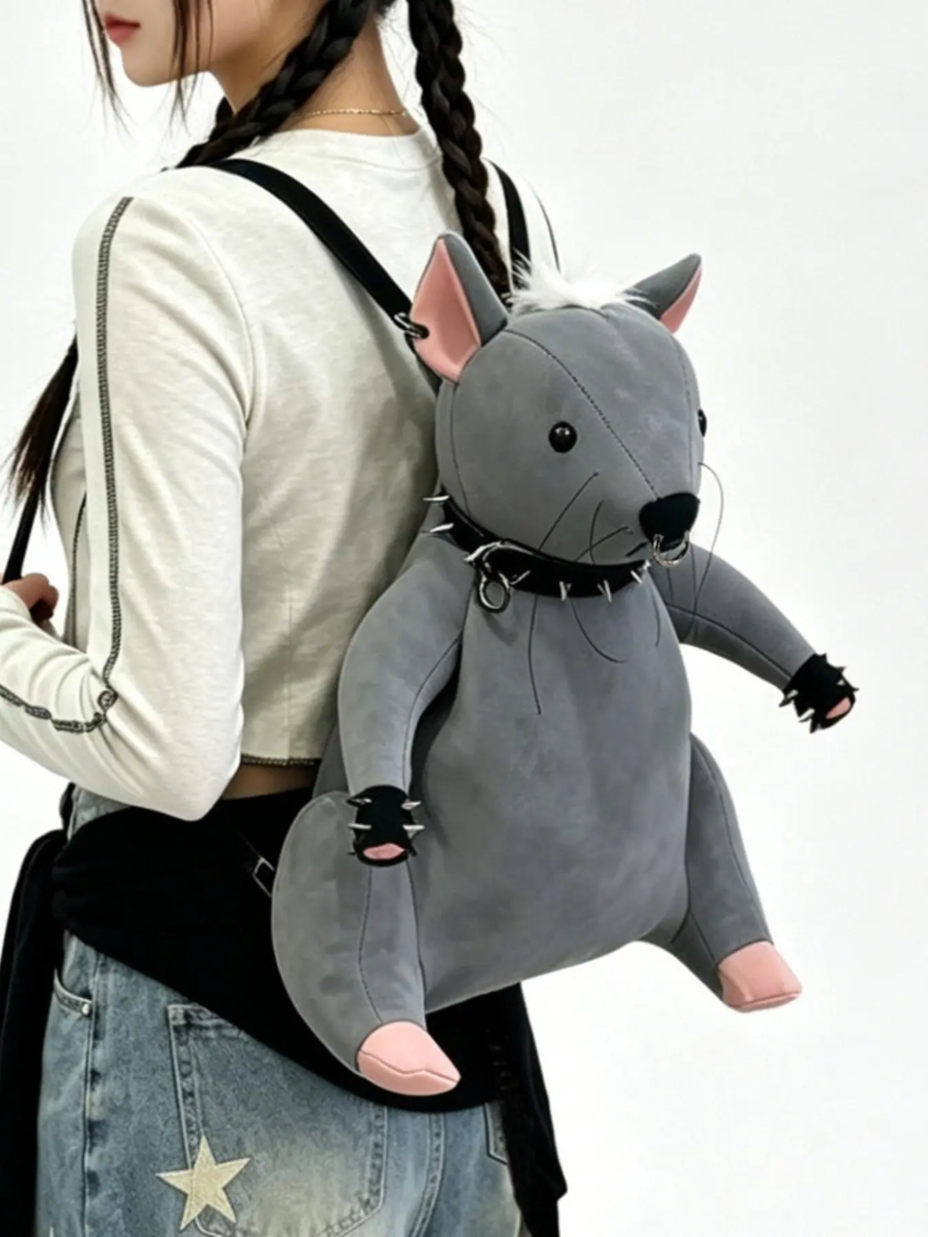 Punk Rivet Mouse Plush Backpack, Halloween Funny Large Mouse Backpack, Y2K Street Cool Women's Bag, American Vintage Aby Style