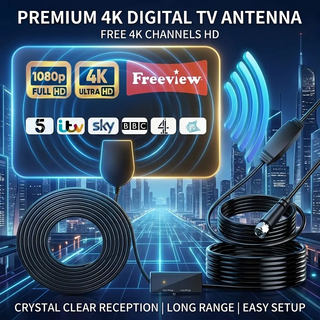 2026 Latest HD Digital TV Antenna with Built-In Signal Amplifier, 20FT Shielded Coaxial Cable Included, Supports Crisp 4K 1080P Broadcasts & Hundreds of Free Local TV Channels for All Smart & Standard TVs Indoor Use