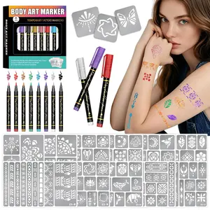 Temporary Tattoo Markers for Kids and Adults, 8 Metal Body Markers + 125+ Geometric Mandala Flowers Lion Animal Body Tattoo Stencils, Cosmetic-Grade Tattoo Ink, Face Painting Party Favors Costume