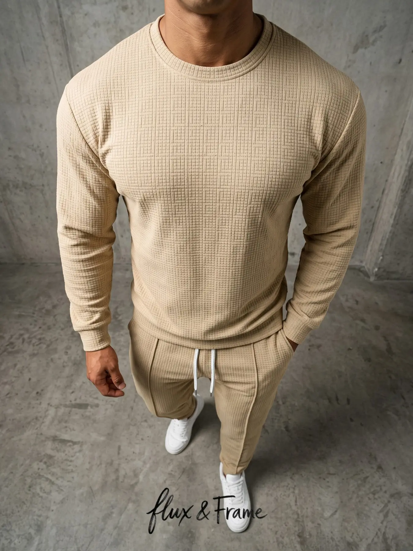FF Men's 2 Piece Loose Fit Tracksuit Casual Textured Grid Crewneck Long Sleeve Sweatshirt & Drawstring Jogger Pants Set, Lightweight Athleisure Loungewear Outfit for Outdoor Sports, Walking & Streetwear, Sweatsuit Set