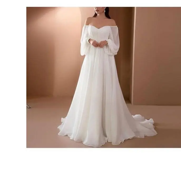 Off-Shoulder Wedding Party Long Sleeve Dress Solid Color Chiffon Maxi Dress Womenswear Comfort summer outfits