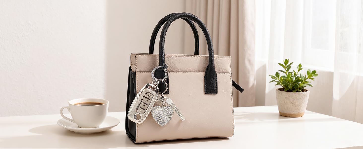 4 Button Key Fob Cover with Diamond, Compatible with Nissan Rogue Pathfinder Versa Kicks Ariya Sentra etc, Sparkling TPU Key Case and Bling Heart Decoration for Women, A-Style (Pink)