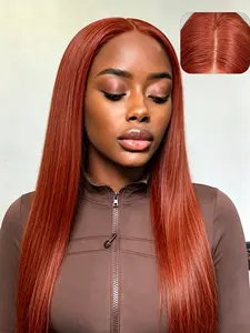 Human Hair 5*5 Glueless Lace Wigs, Long Straight Orange Wig, Pre-Cut Pre-Plucked Middle Part Copper Wig Transparent Lace Hairline for Women 20 26 Inch