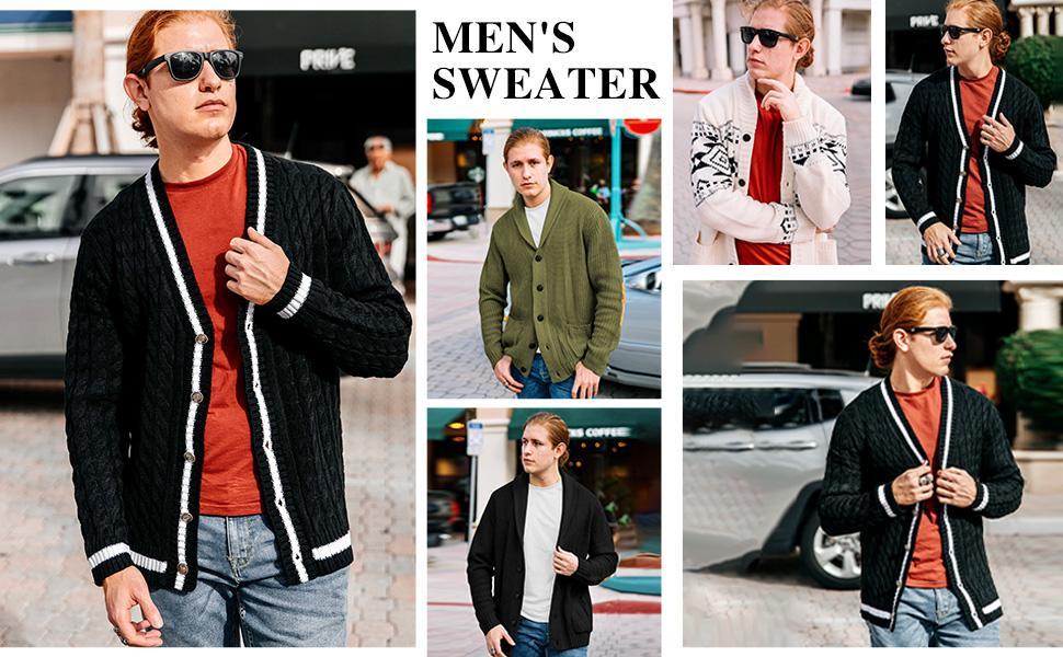 PASLTER Men's Shawl Collar Cardigan Sweater Multi-Color Button Down Knitted Sweaters with Pockets Knitwear Menswear