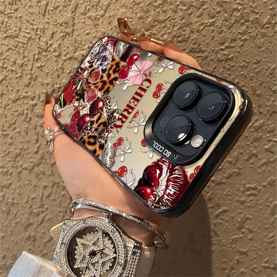 Cherry leopard print bow heart phone case, shockproof hard shell, featuring a vintage girl style design, ideal for gifting, suitable for iPhone 17/16/15/14/13/12/11/X/XS/XSMAX/XR/7P/8P/16E/17E