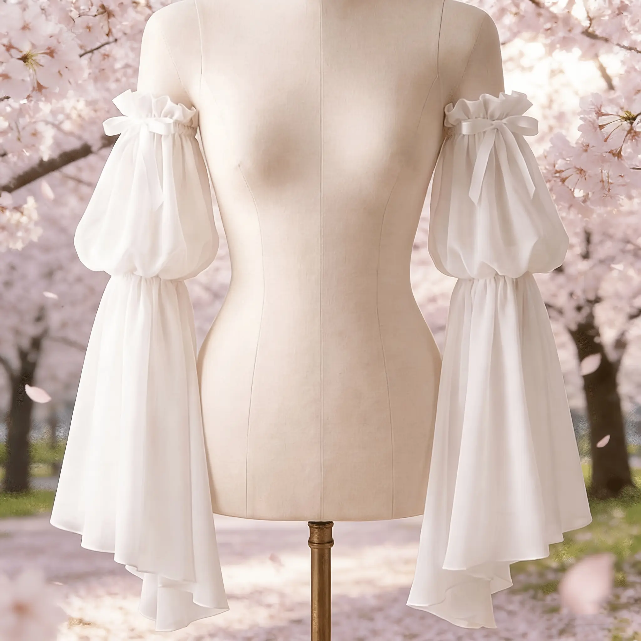 1 Pair Women'S White Chiffon Detachable Puff Sleeves, Bohemian Style Romantic Bow Ruffle Flared Sleeve Covers, Bridal Wedding Gown Prom Dress Accessory, Vintage Victorian Style Bridesmaid, Party, Role-Play Use Sleeves,bustle