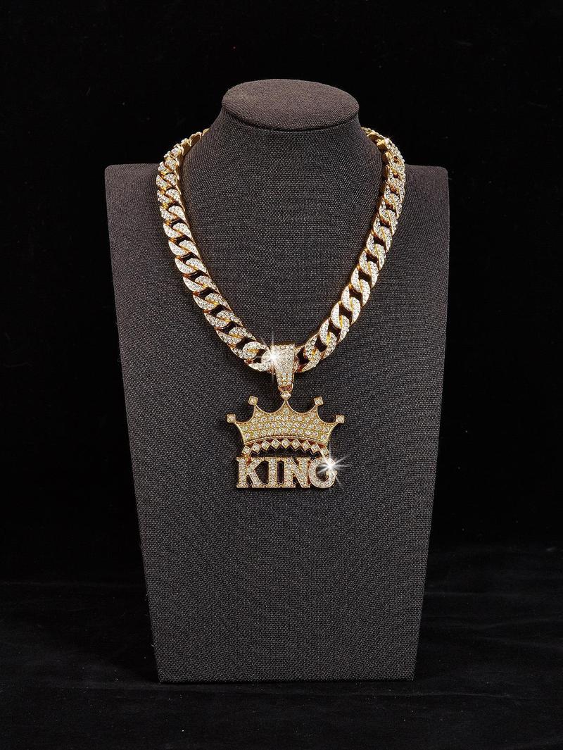 14K Gold Plated King & Crown Pendant with Austrian Rhinestones Miami Cuban Link Chain Italy & Micro Inspired Unisex Hip Hop Necklace for Men & Women Jewelry,Daily Wear, Casual Fashion, Sporty Style, Gift Idea