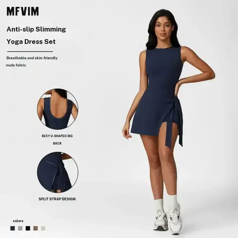 Women's Belted Knitting Elastane Sleeveless Tight Sheath/A-Line Mini Beach Dress - Polyamide Blend, Built-In Shorts, All Seasons Casual Sports Dress for Vacation, Outdoor Activities (Brown)