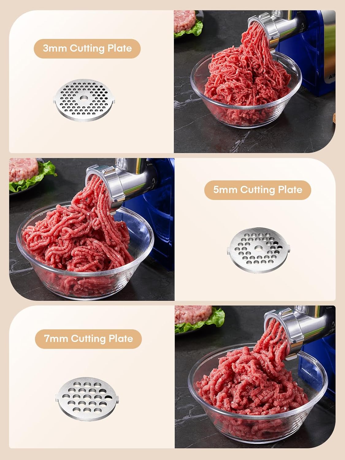 Electric Meat , Sausage Stuffer with 3 Sausage Tubes, 2 , 3 Plates, 3200W Max, Meat  Heavy Duty for Home Kitchen Use, Stainless Steel (Blue)