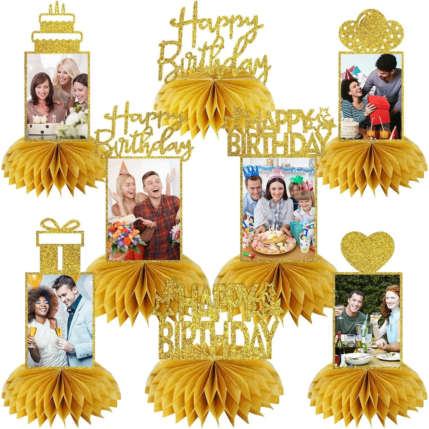 8 count  Birthday Decorations -  Glitter Centerpieces for Women & Men, Happy Birthday Photo Table Toppers, 16th-60th Bday