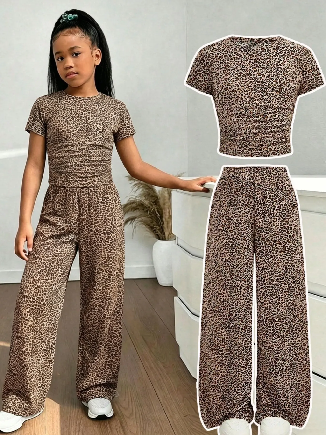 Girls' Fashion Set 2 Pieces, Vintage Leopard Print Two-Piece Set, Round Neck Short Sleeve Top + High Waist Wide Leg Pants, Everyday Casual Streetwear