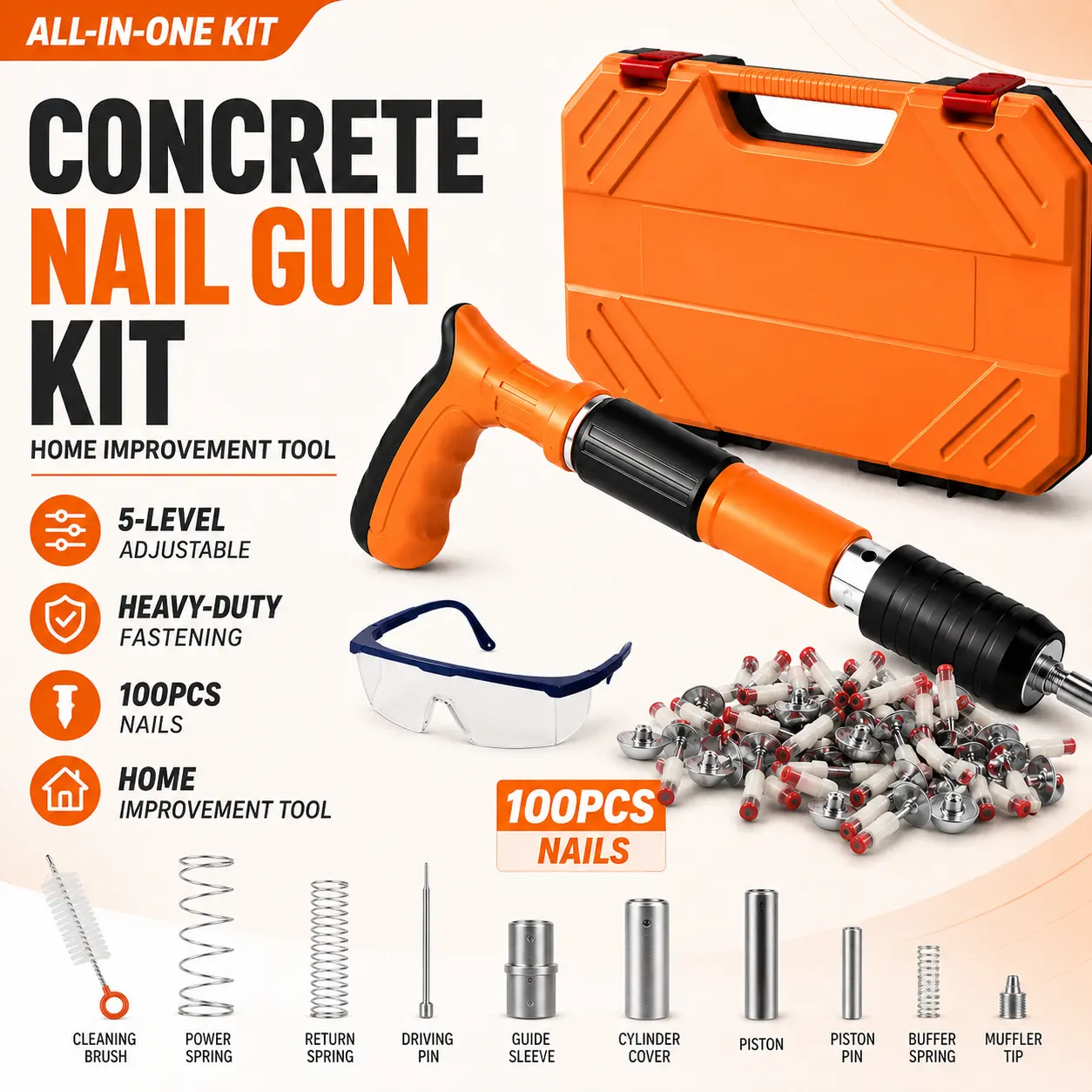 5-Level Adjustable Concrete Nail Gun Kit, Heavy-Duty Manual Fastening Tool for Concrete Walls, Woodworking, Window Installation, Pipeline Fixing and Home Improvement Projects